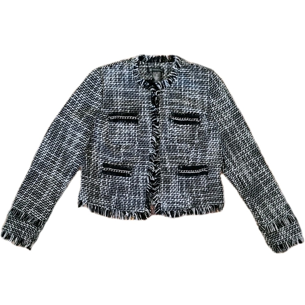 INC International Concepts Tweed Fringe‎ Crop Jacket Medium  Black And White